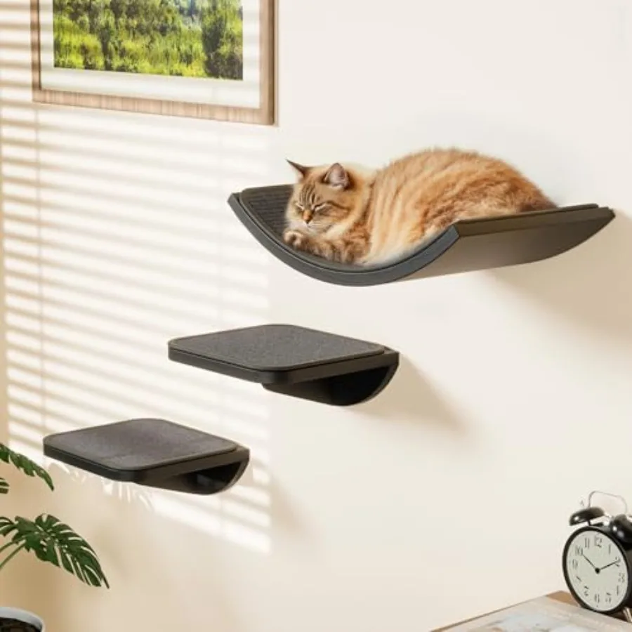 

Cat Wall Shelves for Large Cats Set, Grey Curved Wall Sisal Bed and 2 Floating Wall Sisal Steps, Wall Mounted Climbing Shelves
