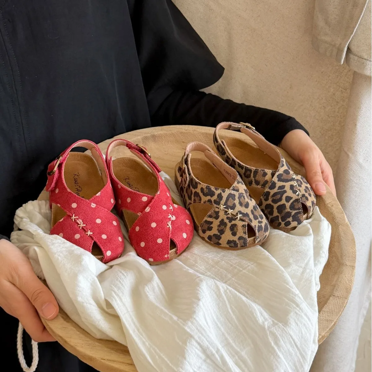 Kids'Casual Shoes Fashion Sandals PU Leather Summer Flat Shoes For Children Anti-slip Red Leopard Print Shoes Size 23-33