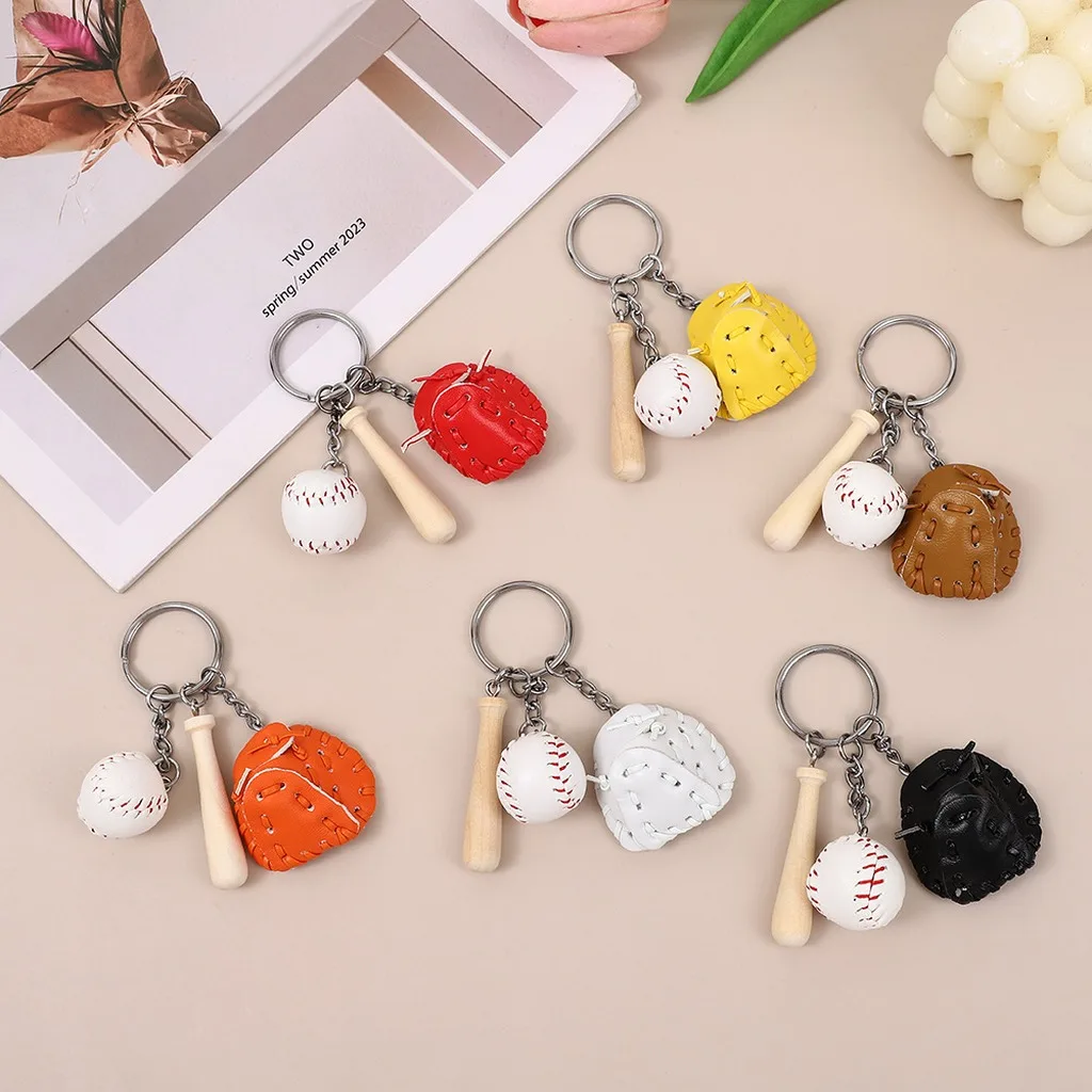 Pu Baseball Glove Keychain Stylish Baseball Keychain Wooden Bat Keychain Handmade For Car Keys Daily Commuting Handbags