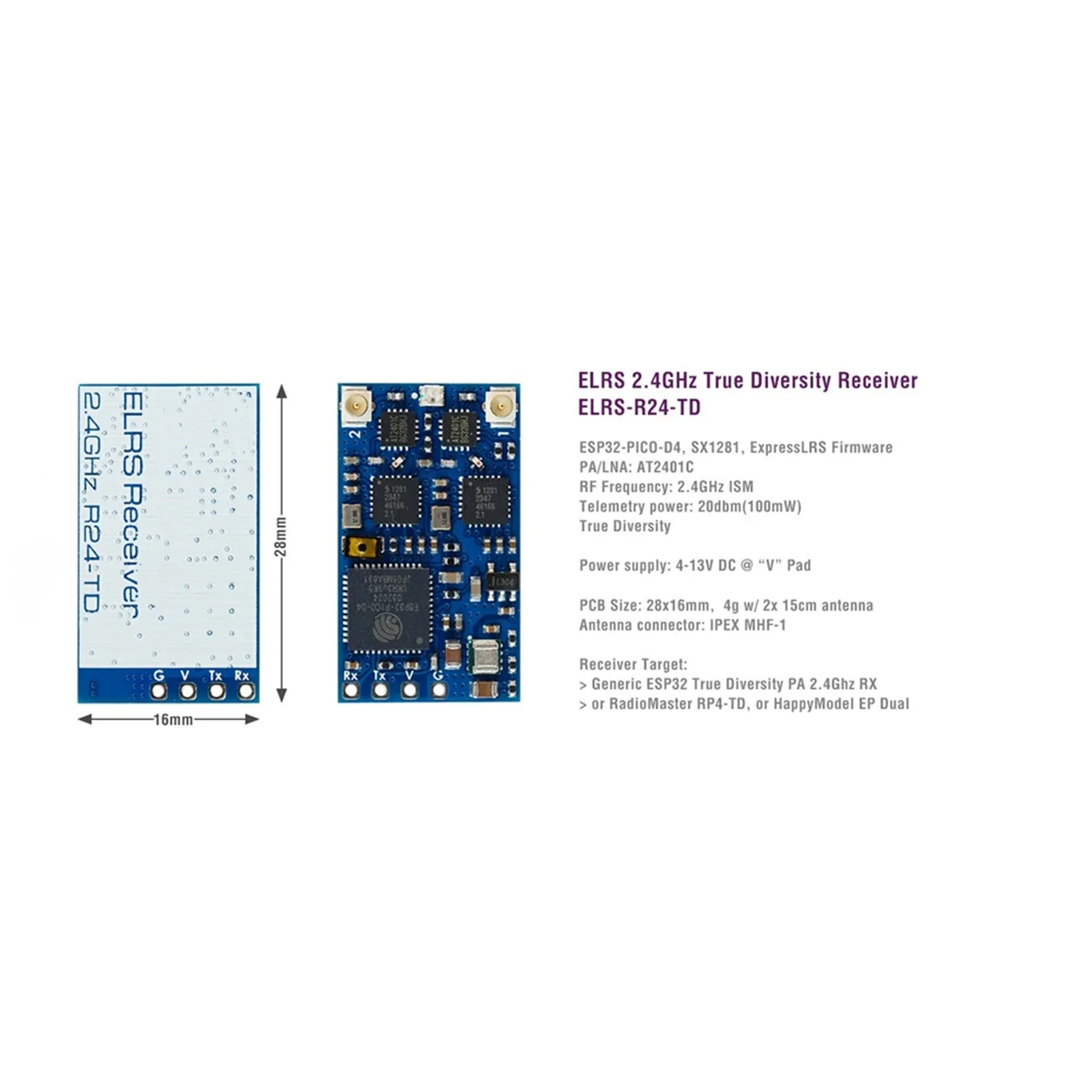 A57G-R24-TD ExpressLRS 2.4 جيجا هرتز جهاز استقبال التنوع الحقيقي لطائرات السباق بدون طيار الصغيرة الحرة طويلة المدى