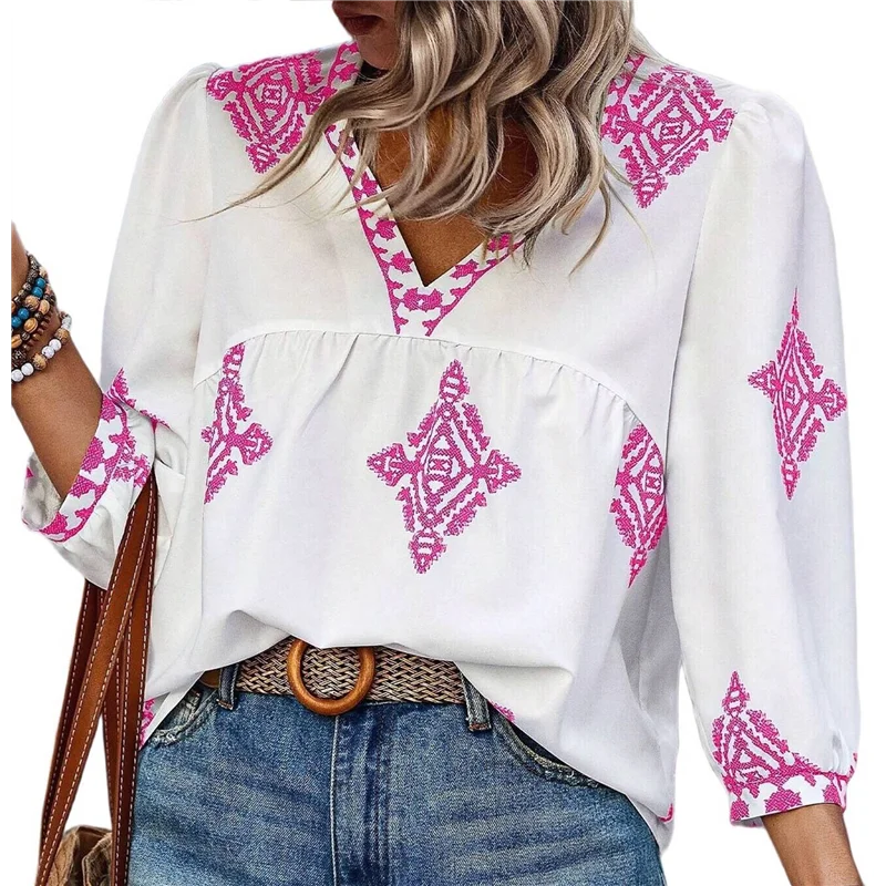 A83F-chemisiers décontractés en mousseline de soie pour femmes, col en V, imprimé Floral, manches 3/4, style Boho, hauts d'été