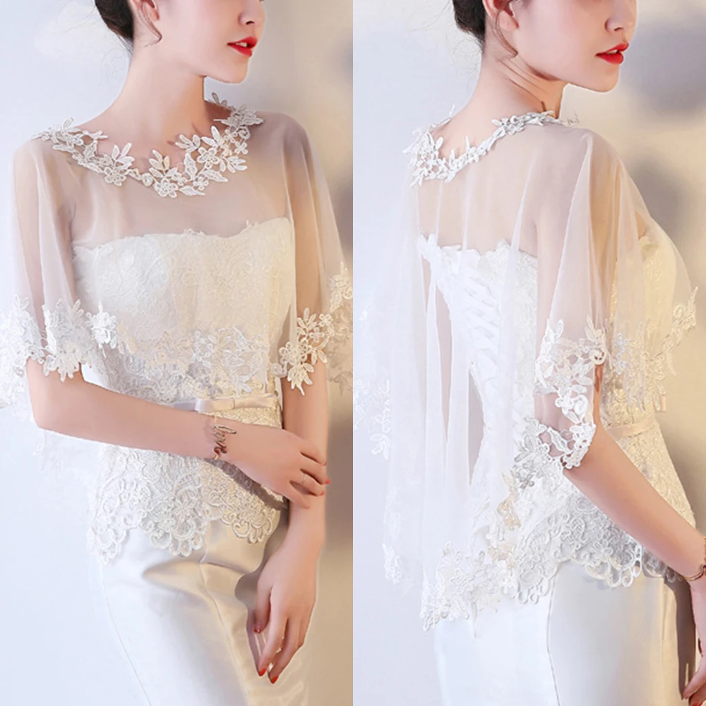 Casual O-Neck Lace Short Sleeve Bridal Wedding Elegant Women Cape Summer Black Applique Tulle Evening Prom Cape Cosplay Shawl