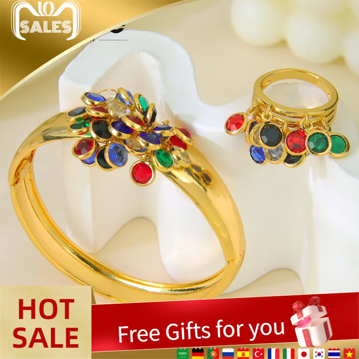 

Luxury Dubai Gold Wedding Jewelry Set 21k Gold Plated Italian Fashion Colorful Zircon Bracelet Ring Saudi Women Party Jewelrys