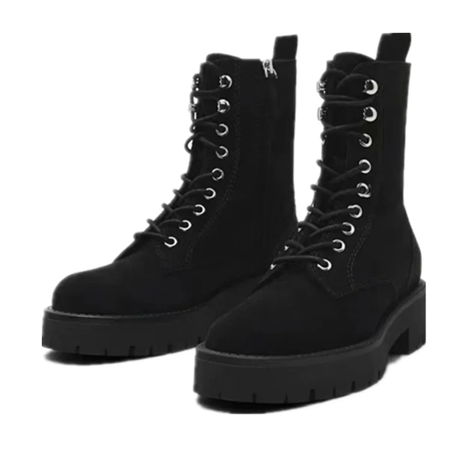 

Withered Fashion Girls Zippers Shoes Minimalist Cow Suede Strap Boots Women Thick Soled Genuine Leather Ankle Boot Ladies