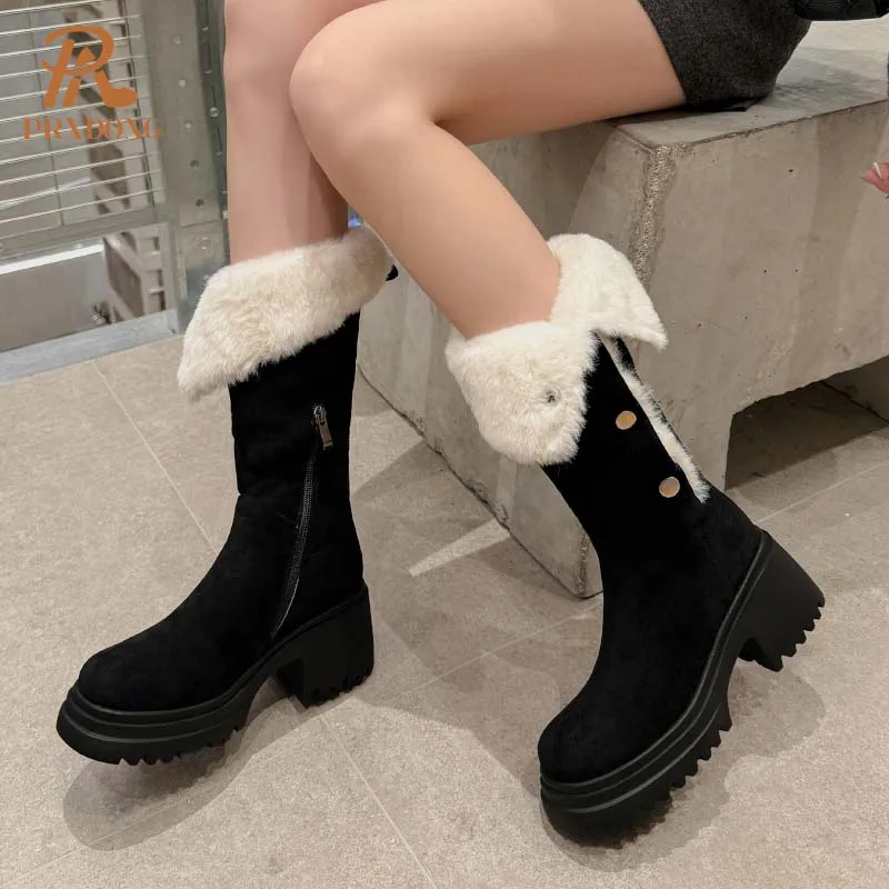 PRXDONG New Brand Autumn Winter Warm Knee High Boots Chunky High Heels Platform Black Khaki Dress Casual Lady Shoes Rozmiar 34-39