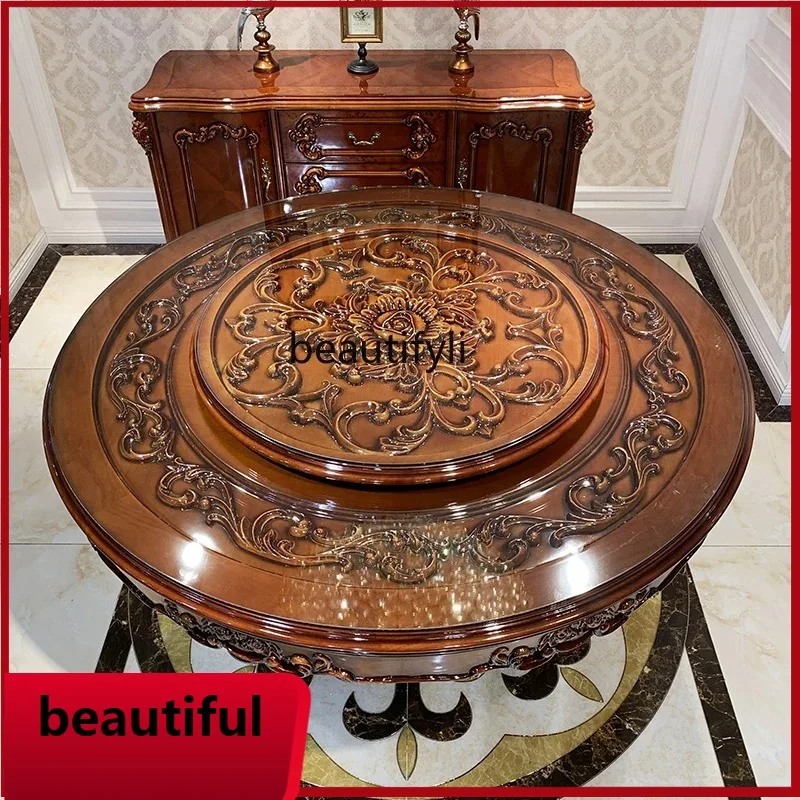 

X All solid wood round dining table and chair turntable, luxury villa restaurant luxury retro glass dining table furniture