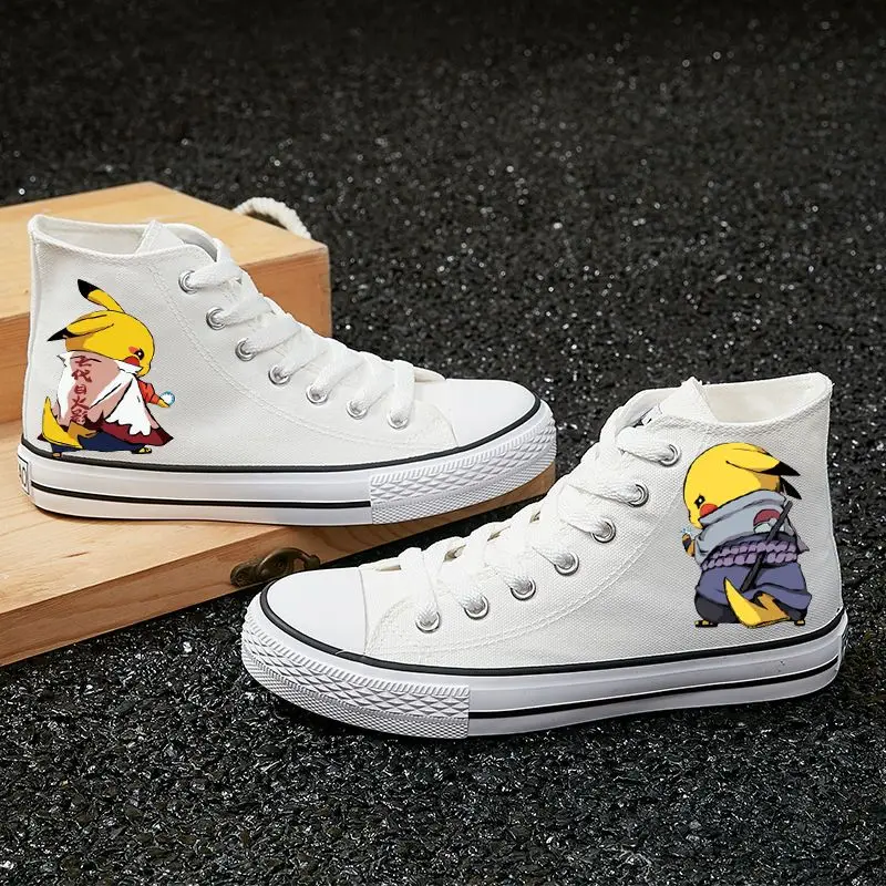 2024 new Pikachu For Men And Women plus size Korean Edition Versatile Trendy Casual High Top Canvas white black Board Shoes