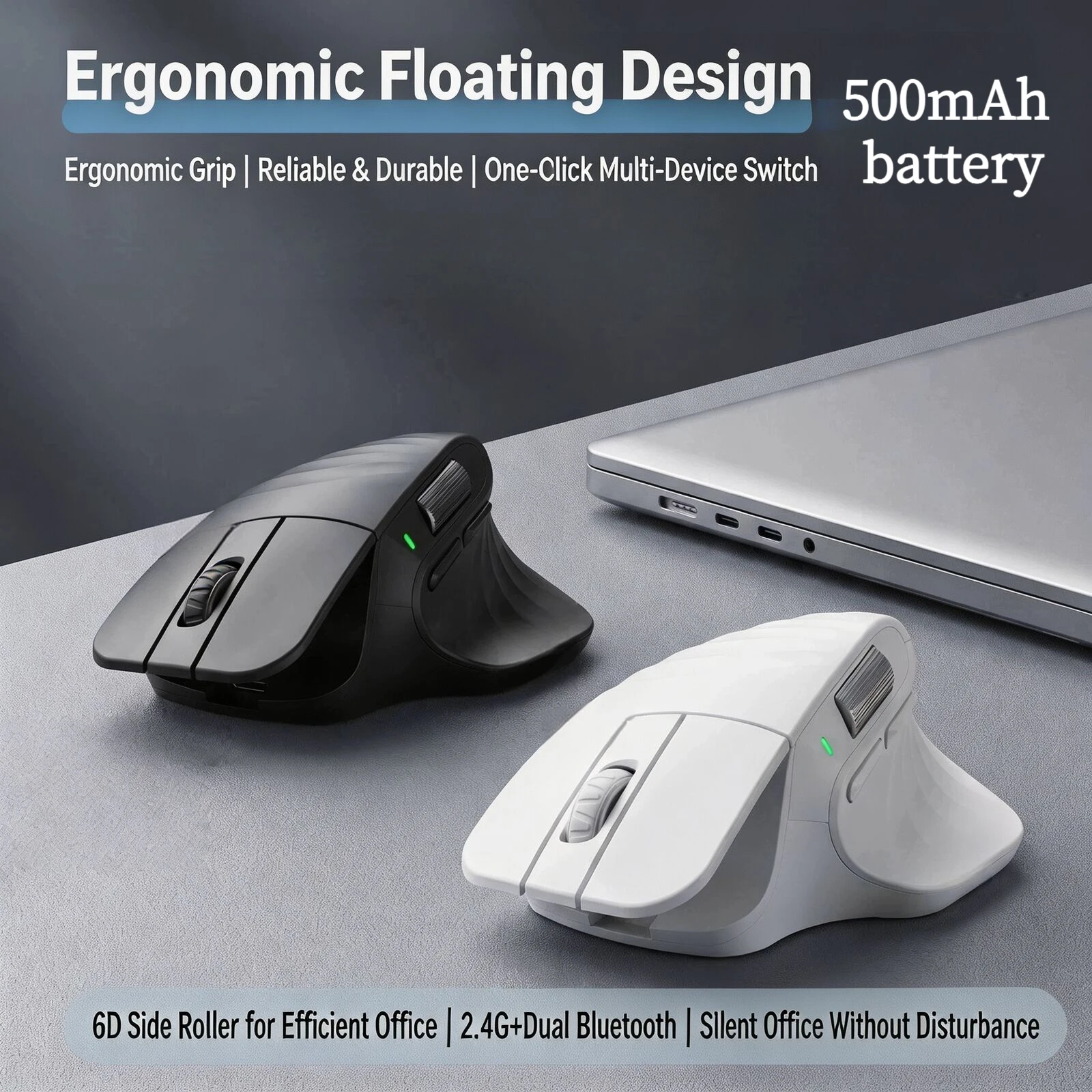 Vertical Ergonomic Wireless Mouse 2.4G Dual Bluetooth 500mAh Rechargeable Silent Buttons 6D Side Scroll Wheel Adjustable DPI