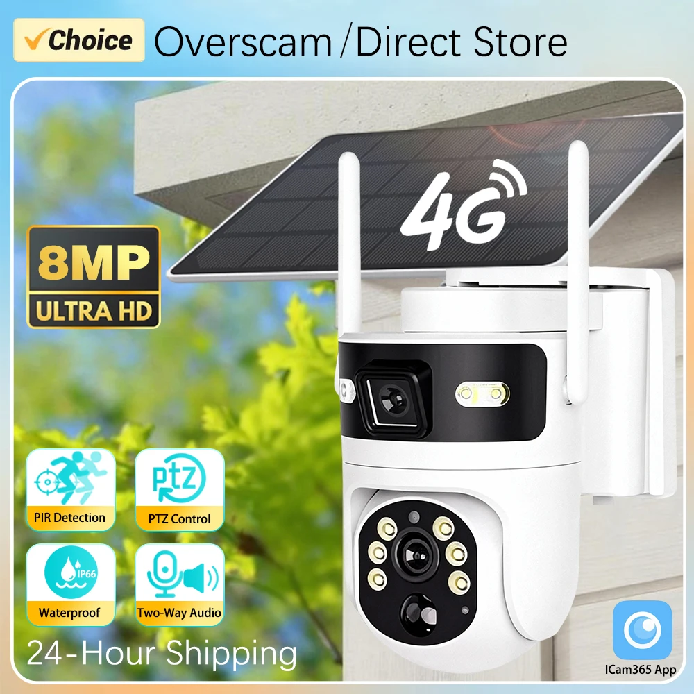 

4G SIM-карта 8MP 4K PTZ IP-камера Запись Встроенный аккумулятор Двойной объектив Солнечная уличная камера Солнечная панель P2P ICam365 Обнаружение PIR