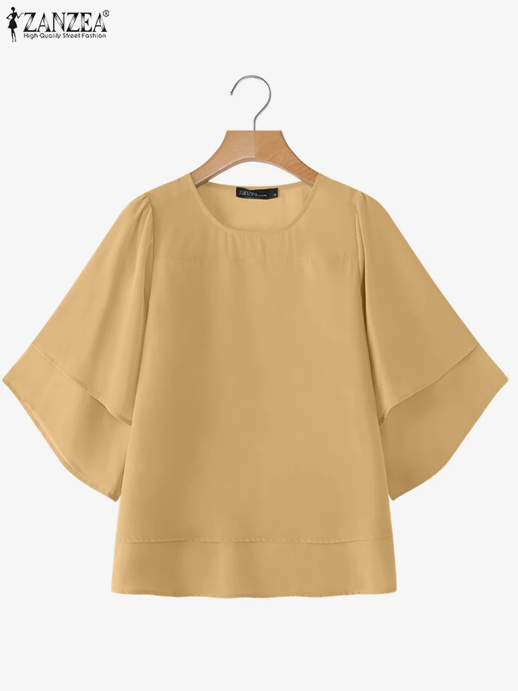 ZANZEA mode chemisier en mousseline de soie femmes couleur unie hauts tunique 2025 automne 3/4 manches chemises à volants décontracté bureau dame hauts élégants