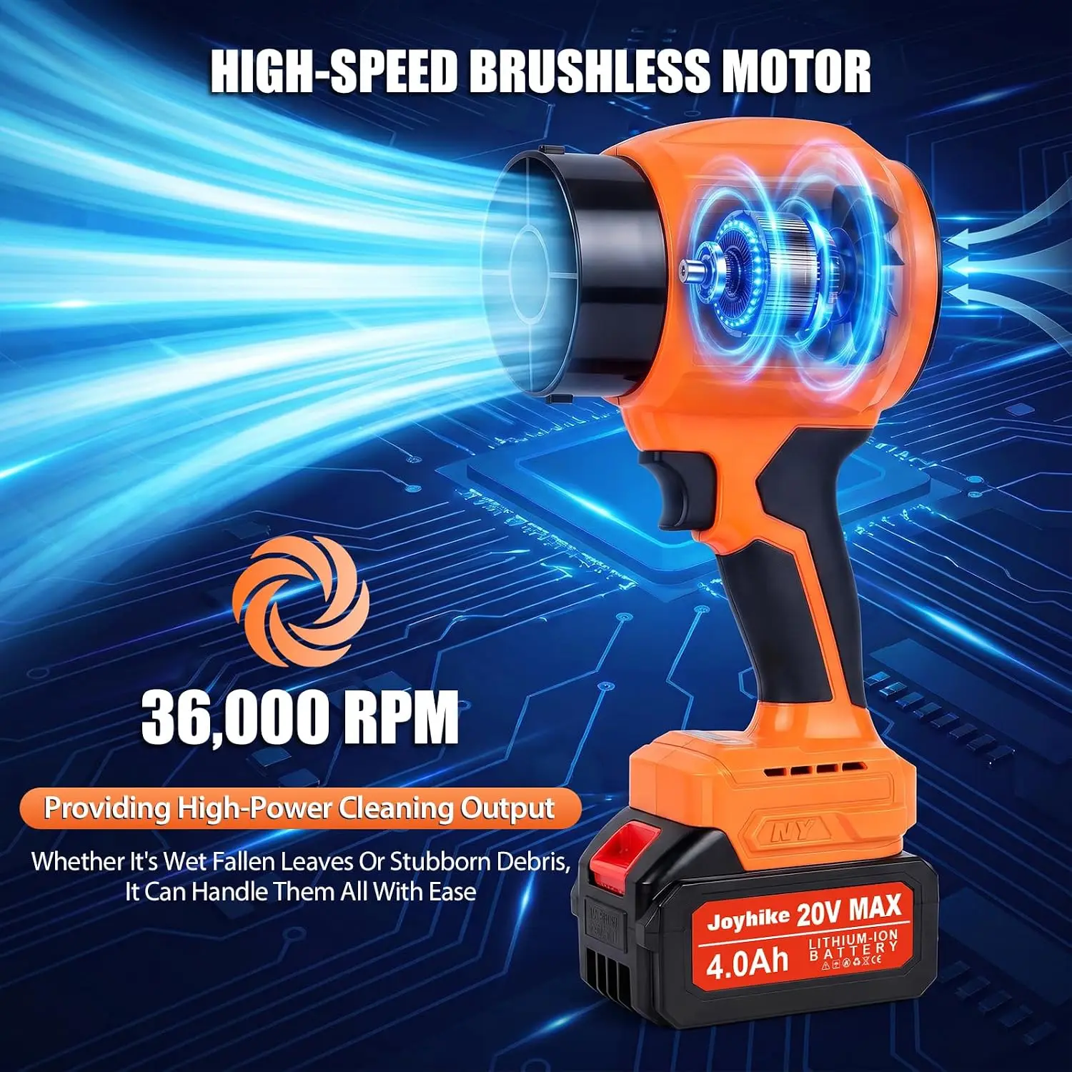 Cordless Leaf Blower, Orange, with 2 Batteries, 1200g Thrust and 36,000 RPM Brushless Motor