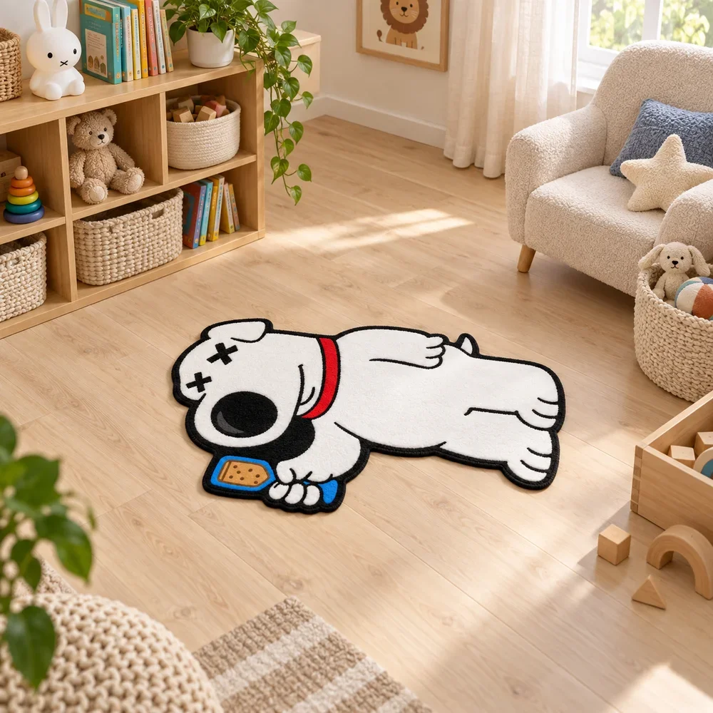 Funny Anime Passed Out White Dog Irregular Rug,Soft Flannel Non-Slip Floor Mat for Bedroom Living Room Pet Corner Decor Gift