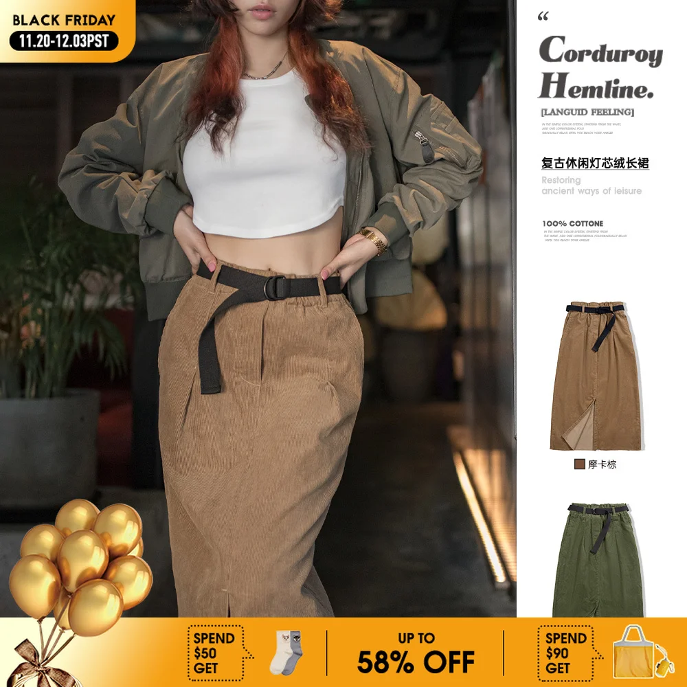 

Maden Women's Vintage Corduroy Skirts Autumn And Winter New Cotton Wash Pencil Long Skirt A-line Hight Waist Sashes Bottoms