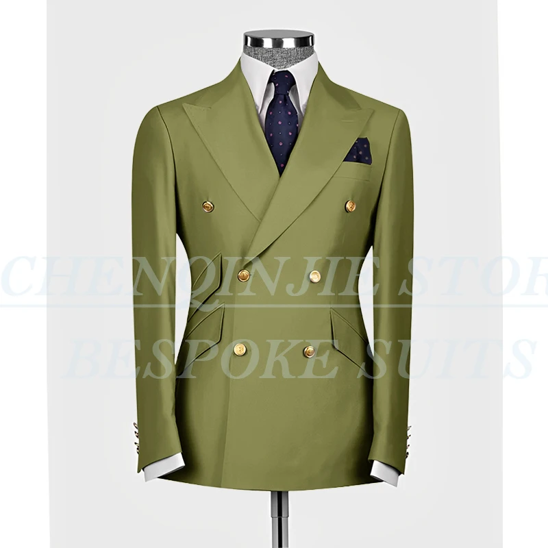 Elegant Men Suits Double Breasted Peak Lapel Male Clothing Luxury Wedding Groom 2 Piece Jacket Pants Sets Full Set Terno