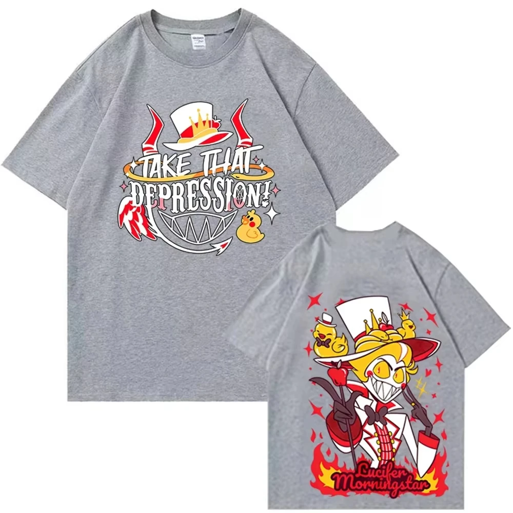 Hazbin Hotel Lucifer Grafik-T-Shirt aus gewaschener Baumwolle, Unisex, Oversized, trendig, kurzärmelig, Harajuku Streetwear, lässige Oberteile – Detail 6