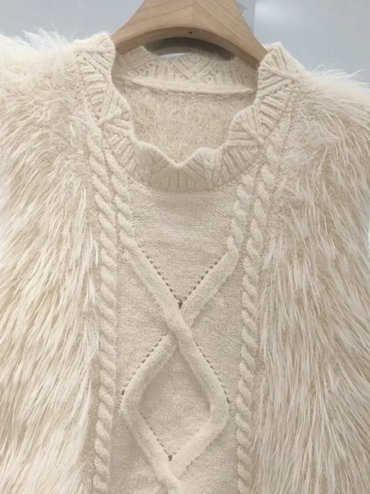 Knitwear Sweater Vest Women Clothing O-neck Fur Patchwork Sweet Waistcoat Fashion Casual Knitted Tanks Cropped Tops Ropa Mujer