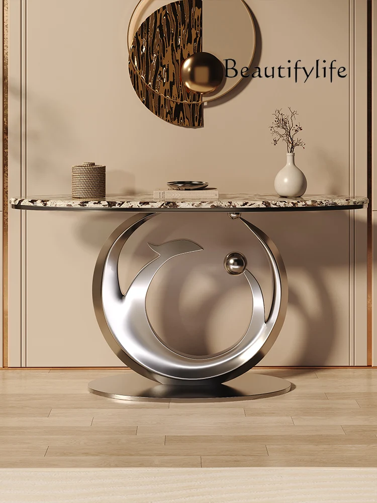 

opposite door to the door against the wall, end view table, aisle cor Italian entrance table, natural luxury stone