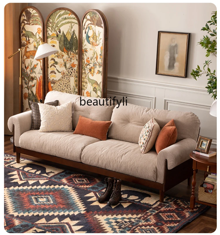 

French Retro Cream Style Fabric Sofa Small Apartment Living Room Three-Seat Solid Wood Sofa