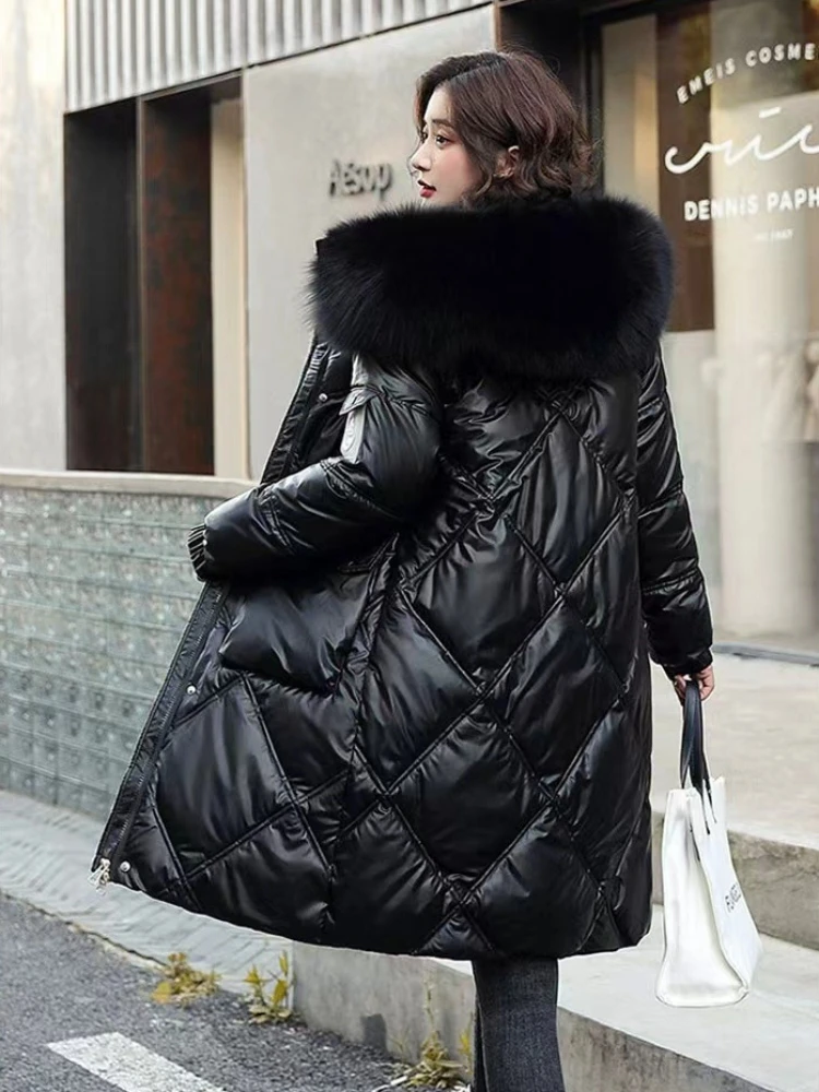 Parkas gruesas con capucha y bolsillos para mujer, abrigos largos elegantes de plumón, ropa de estilo coreano, chaqueta nueva para mamá, invierno,