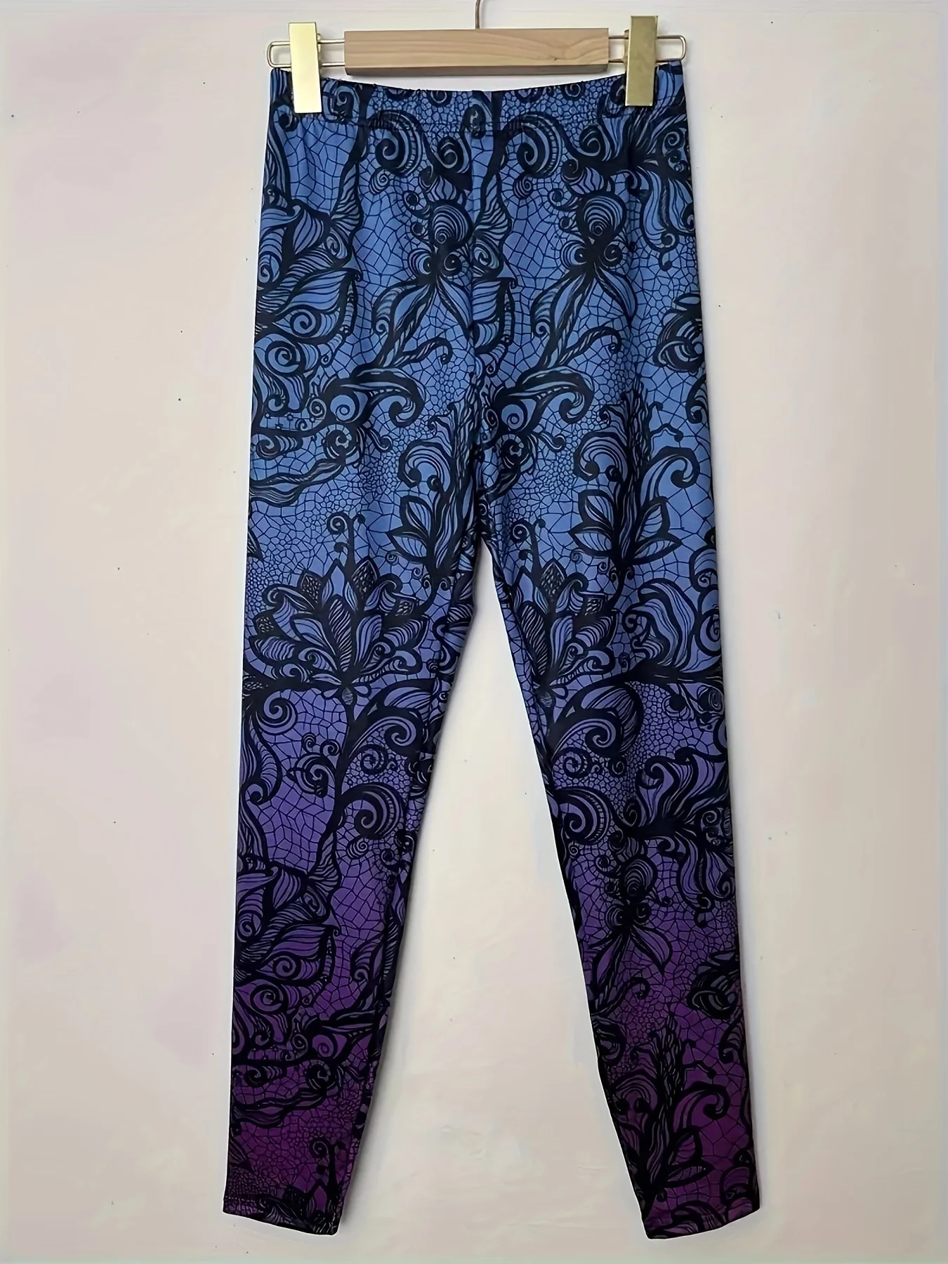 Women Fleece‑Lined Leggings Blue‑Purple Gradient Lace‑Style Art Print Winter Stretch Bottoms