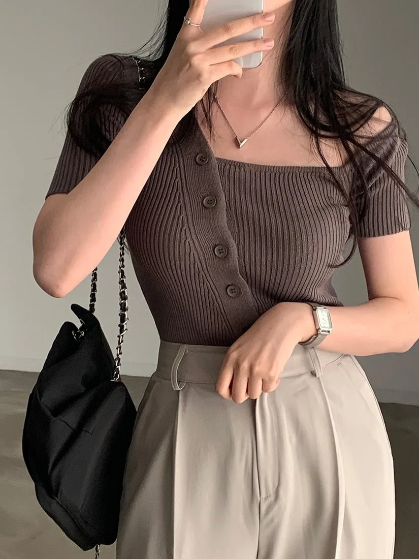 

Slim Fit ort Sve Трикотаж на одной пуговице Универсальный шикарный летний винтажный женский вязаный топ в полоску с ключицей