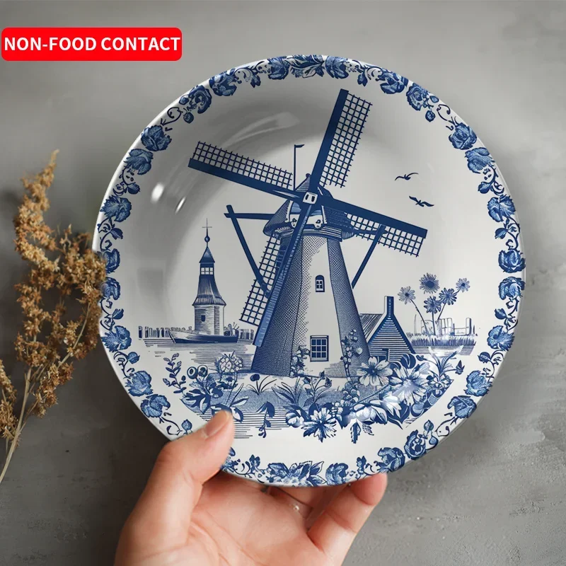 1pc Hand-Painted Dutch Windmill & Dutch Floral Ceramic Plate - Blue & White Windmill sails & tulip bulb design, Round