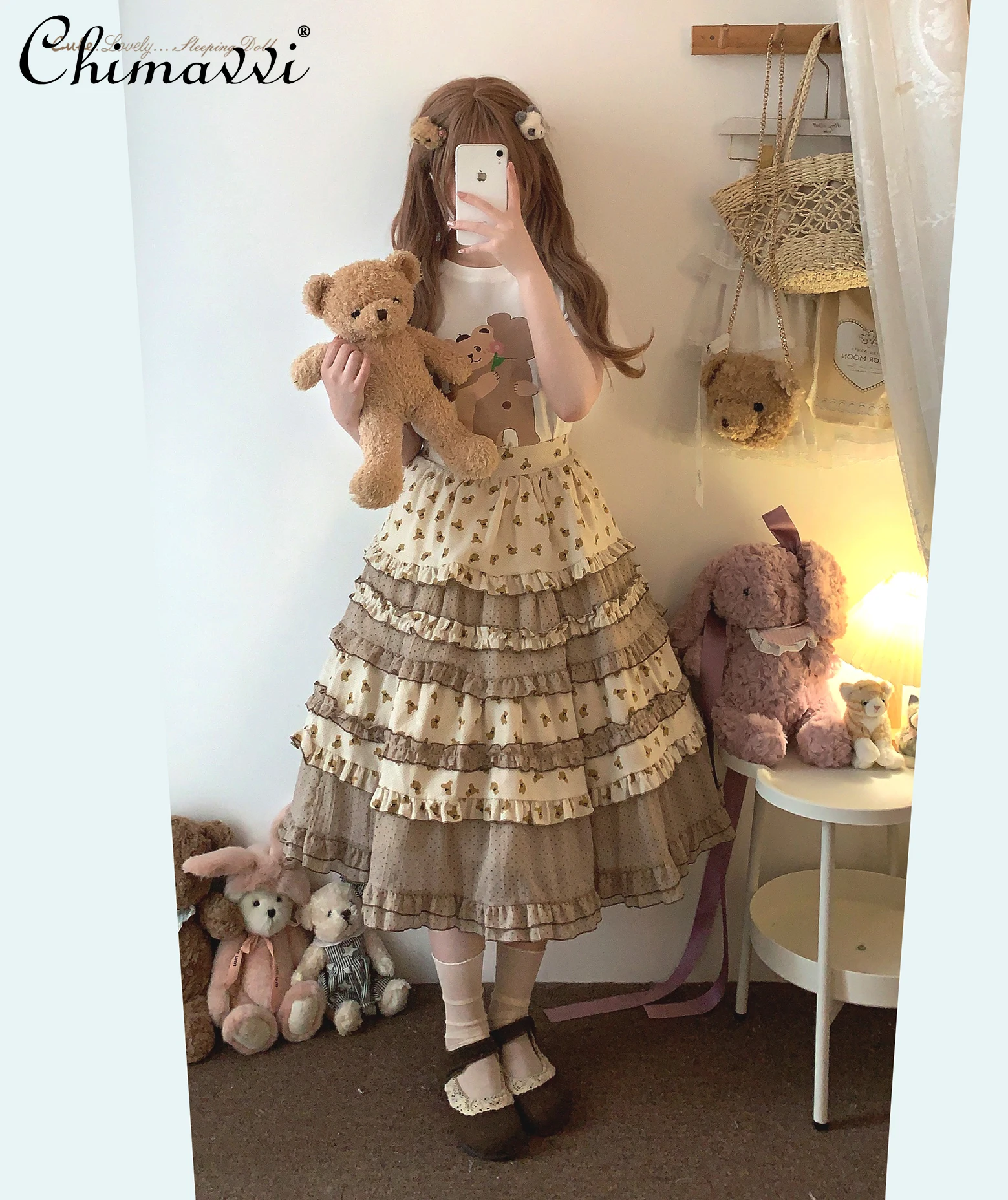 New Japanese Sweet Lolita Skirt Women Kawaii Bear Print Ruffles Party Cake Skirts Y2k Female Elegant Mid-length Cotton Skirt