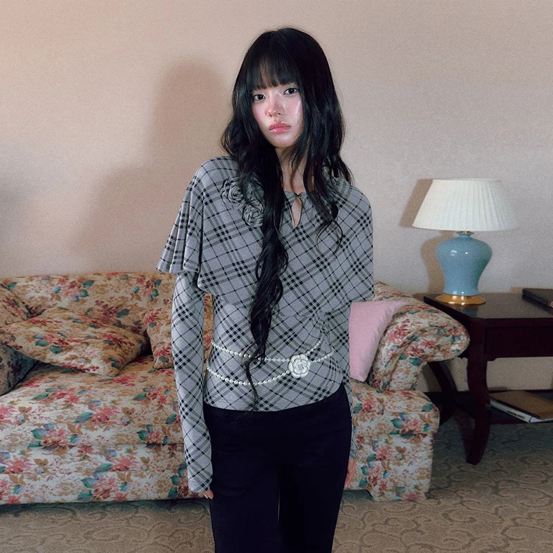 Vintage Plaid T Shirts Women Harajuku Cloak Patchwork Tops Streetwear Long Sleeve Tees Autumn Ladies Korean Slim Design Clothes
