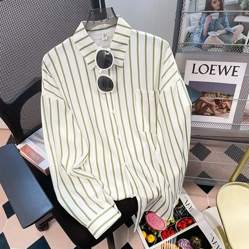 

Spring New Polo Neck Long Sleeve Loose Vintage Shirt Tops Fashion Casual Women Clothing Temperament Striped All-match Blouse