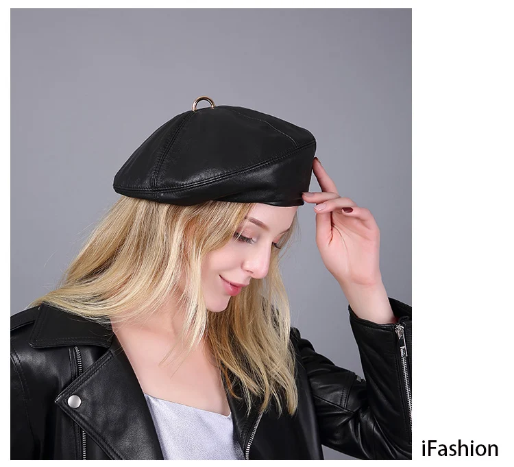 2025 frühling 100% Echt Leder Baskenmütze Hut Frauen Mode Europäischen Kürbis Maler Kappen Weibliche Regenbogen Farbe Weiß/Rot – Detail 10