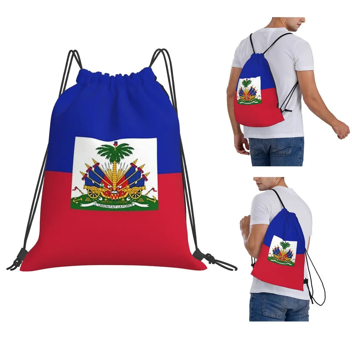 Haiti Flag Print Backpacks Multi-function Drawstring Bundle Pocket Shoes Bag Book Bags for Man Woman Students
