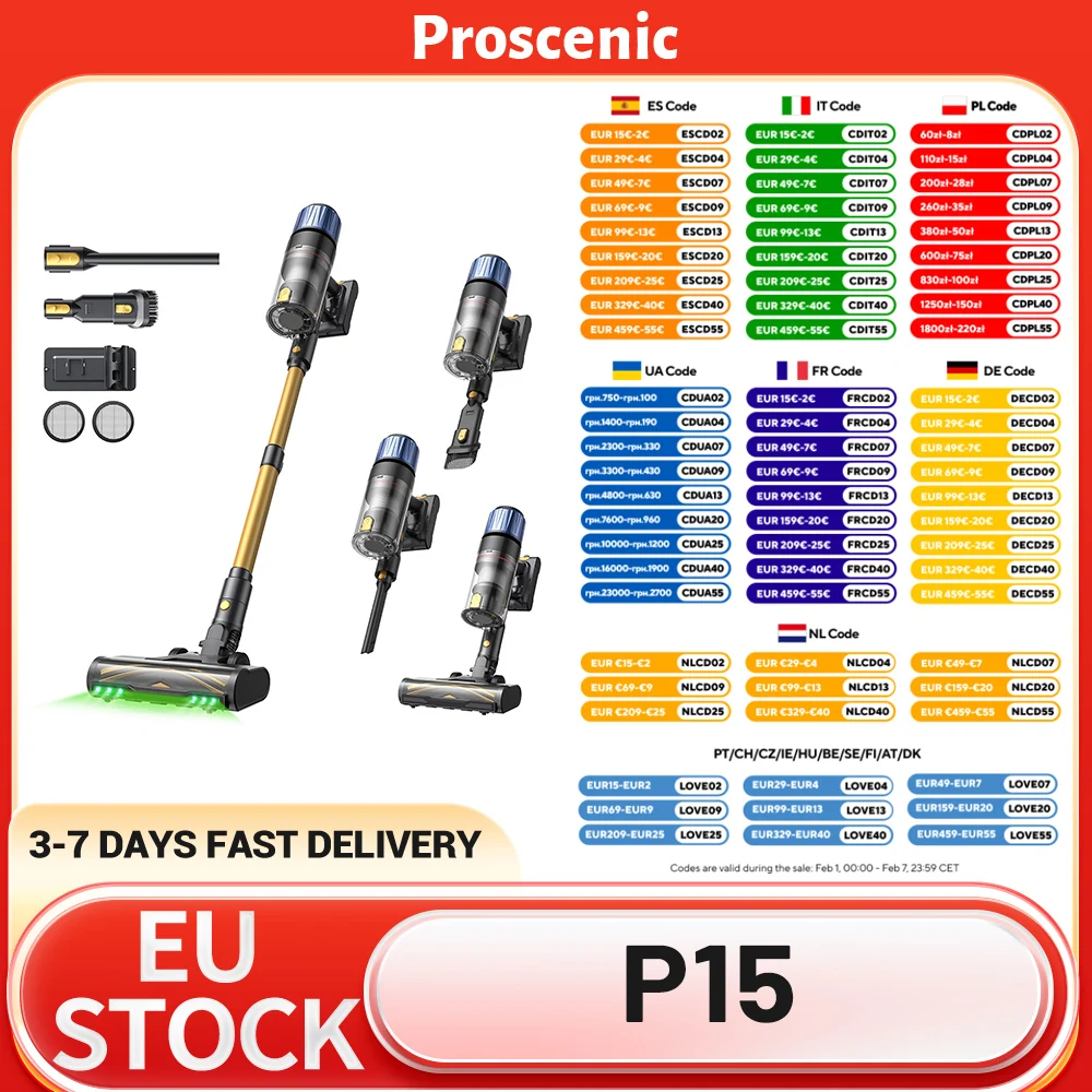 Proscenic P15 Kabelloser Staubsauger, 50kPa 580W Starke Saugkraft, 70min Laufzeit, 6-Schicht-Filter, Anti-Verwicklungs-Bürste