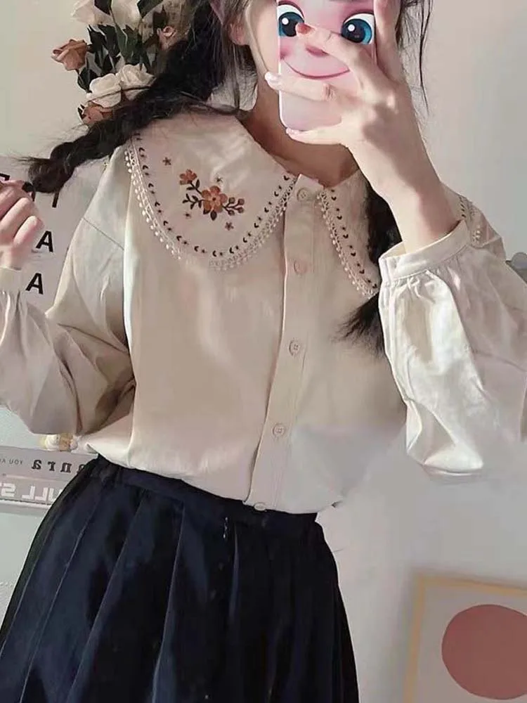 Blusa de estilo coreano Para Mujer, camisa con cuello Peter Pan, bonita blusa Floral de manga larga, Blusas puras Preppy Para Mujer