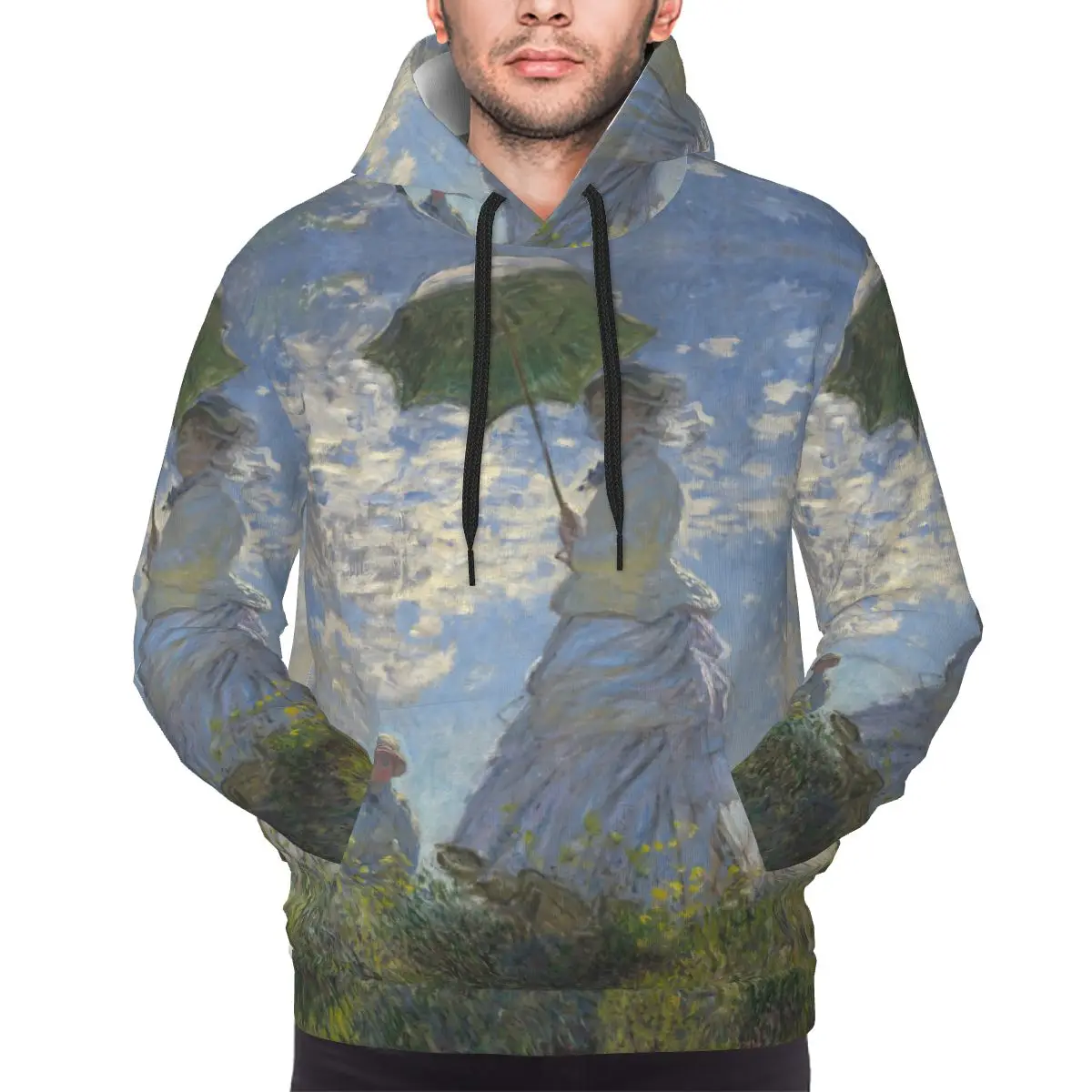 Mens Monet Painting Woman With A Parasol 3D Print Hoodie Hooded Collar Drawstring Hoodies Pullover Sweatshirts Long Sleeve Shirt