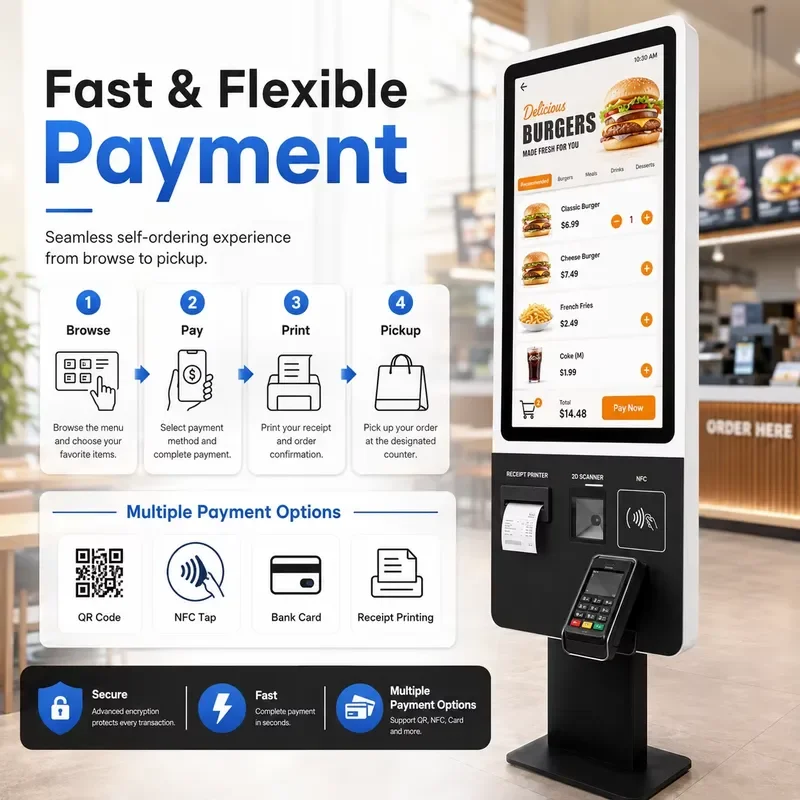 Commercial Self Ordering Payment Kiosk for Hotel Cafe Food Court Core I5 Touch Screen POS Multi Payment Printer Floor