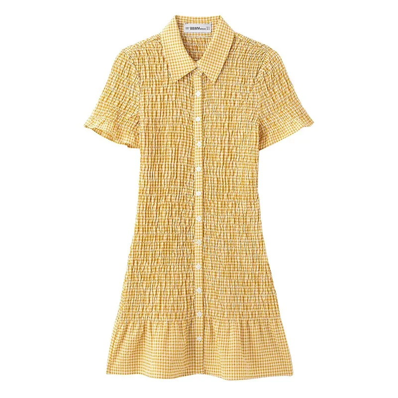 

New Fashion Women Sexy Plaid Lapel Collor Short Sleeve Mini Dress Female Summer Elegant Party button Short Dresses