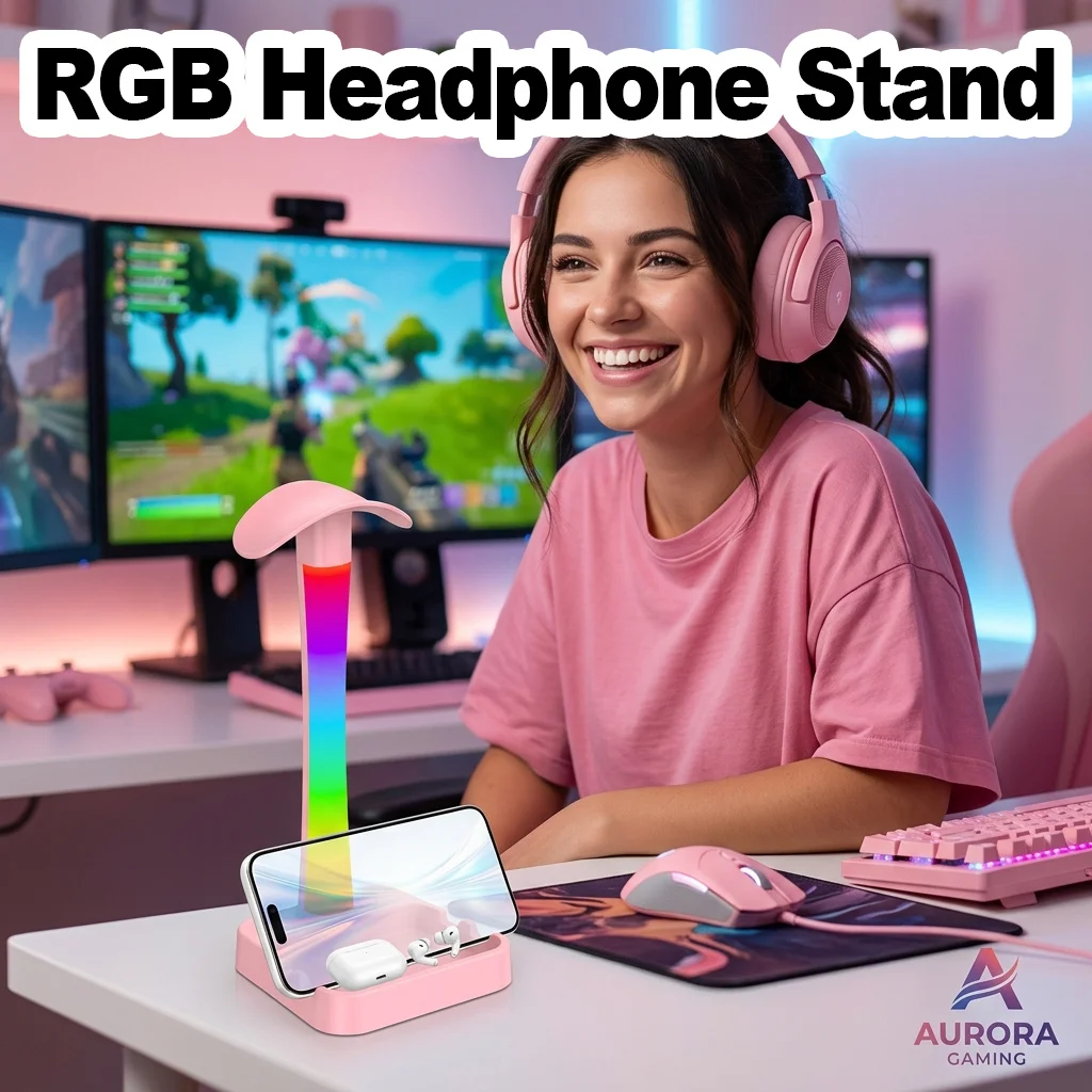 Headphone Stand with RGB Light Multifunctional Mobile Stand Ambient Atmosphere Light PC Gamers Earphone Bracket Desk Lamp LED