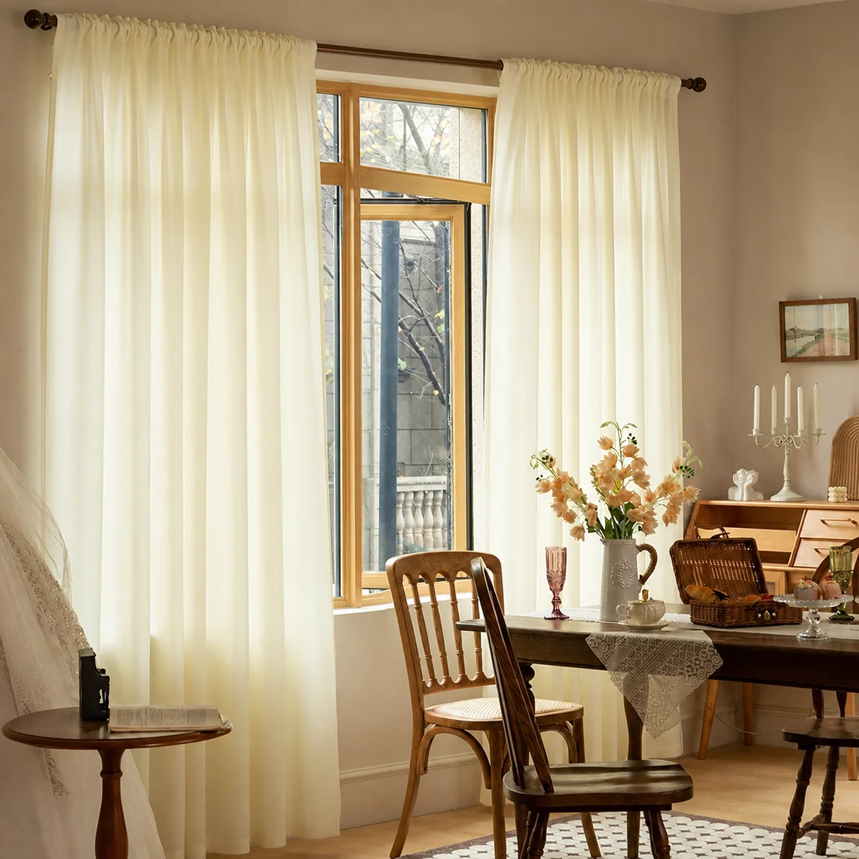 1PC French Modern Simple Sheer Curtain, Sunscreen Privacy Rod-Pass Through, Home Kitchen Balcony Drapery, Single Piece, Light-Tr