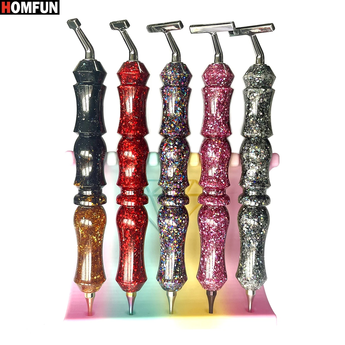 HOMFUN Shiny Diamond Painting Pen，Color Embroidery Threaded Dot Drill Tool，Metal Screw Thread Tips Accessories