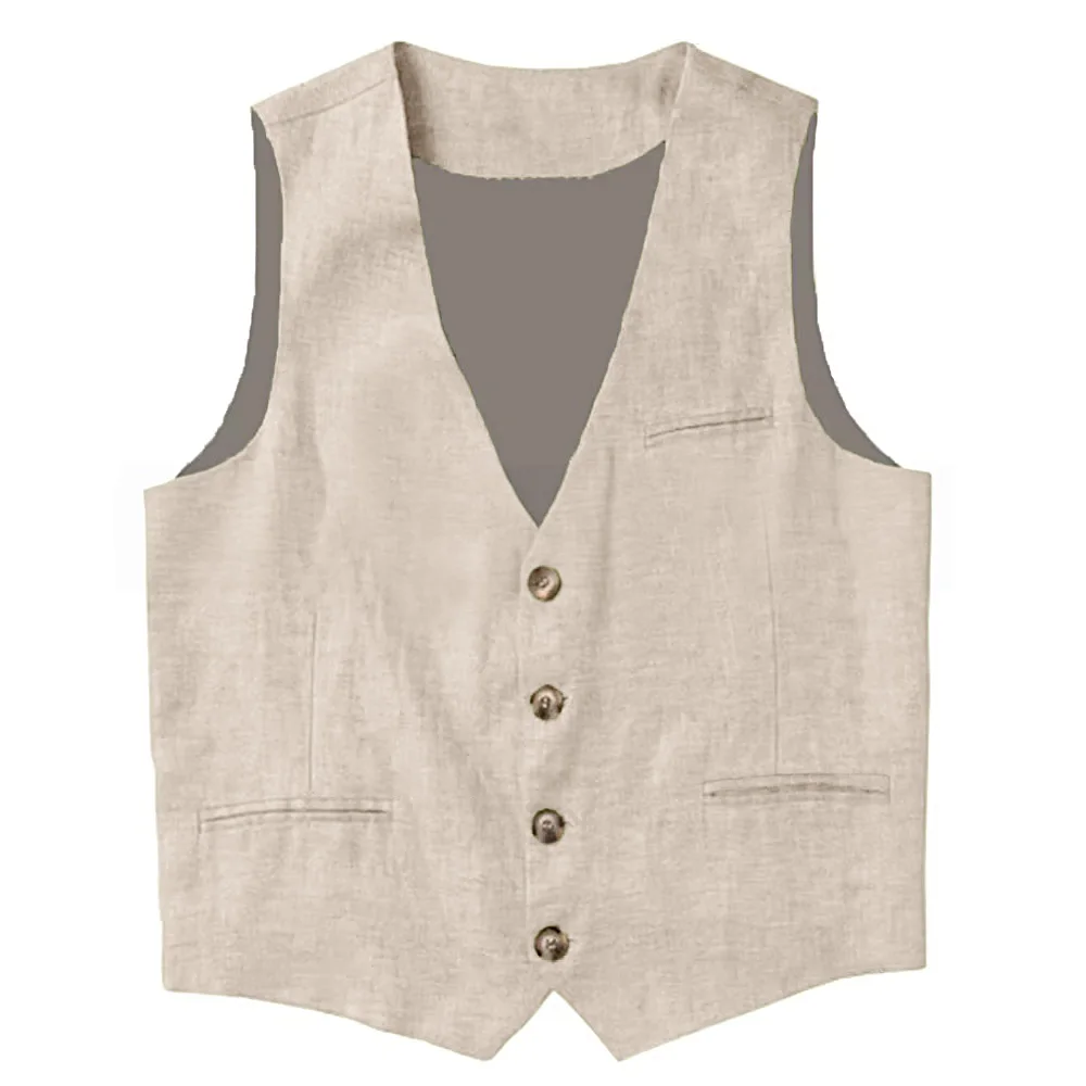 Linen Men's Vest V Neck Summer Waistcoat Single Breasted Light Weigt Men's Suits Vest