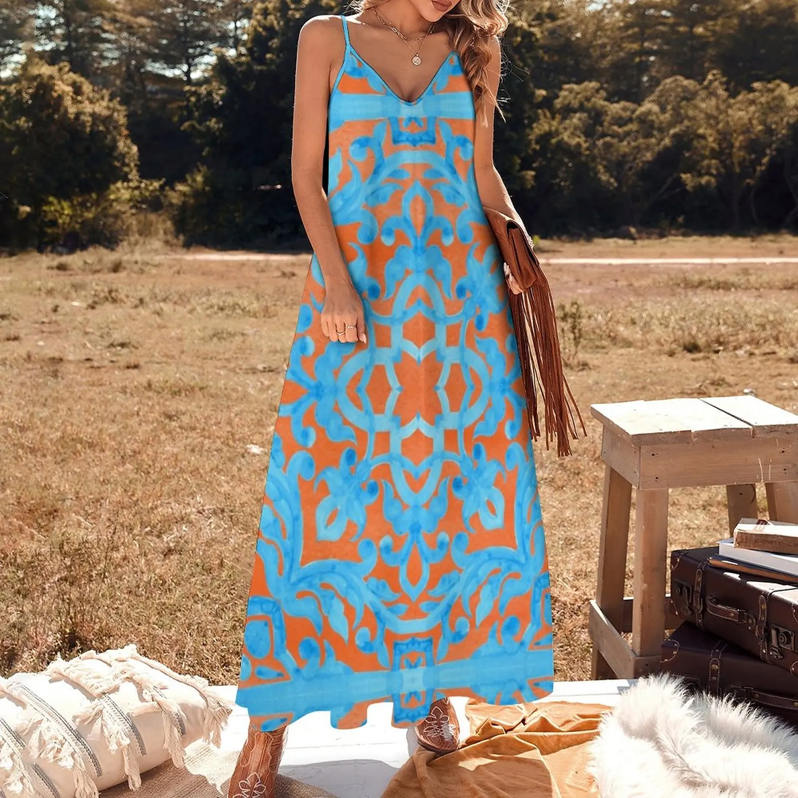 Portuguese azulejo tiles. Sleeveless Dress summer dress women 2023 women's fashion dresses summer dresses for women 2023