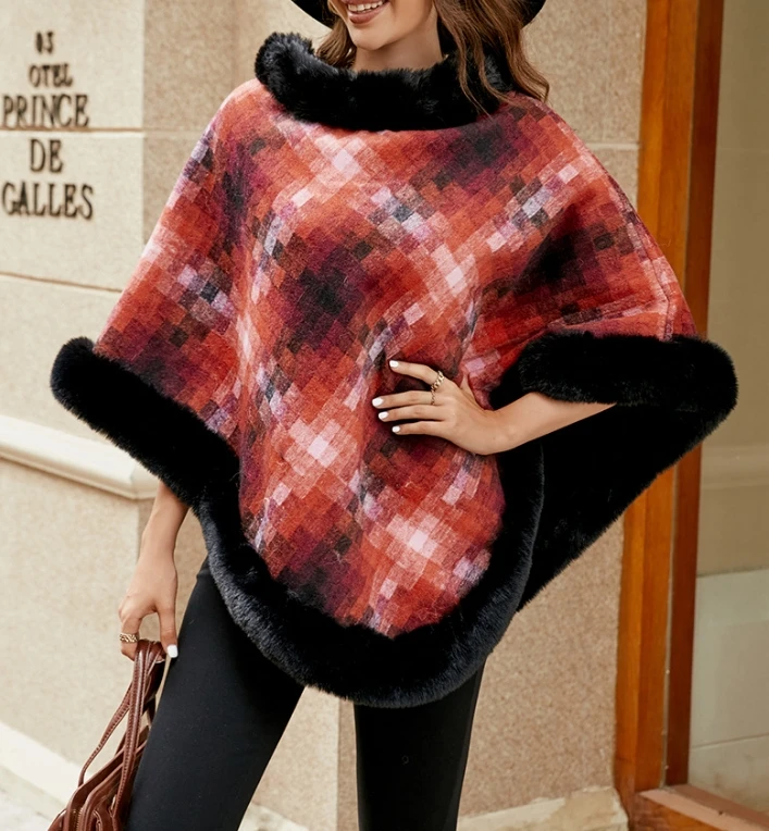 

Women's Coat 2024 Winter Trendy Hooded Cloak Colorful Plaid Printed Warm Fur Insert Bat Sleeves Loose Knitted Shawl Top