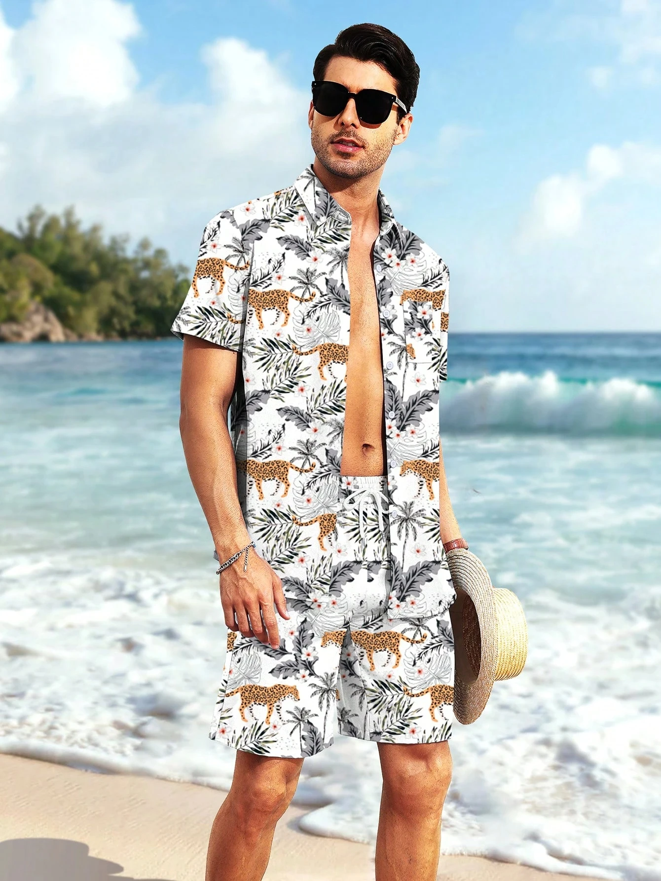 

Casual Vacation Men's Shirt Set, Short-sleeved Button Shirt, Hawaiian Tropical Print Men's Shirt And Shorts Two-piece Set