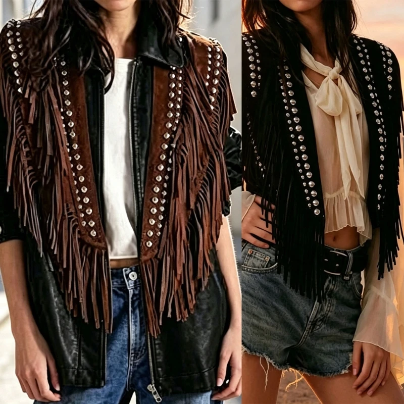 Short Sleeveless Fringe Vest for Women, Open-Front Polyester Shawl Layer with Decorative Round Front Panel Accents