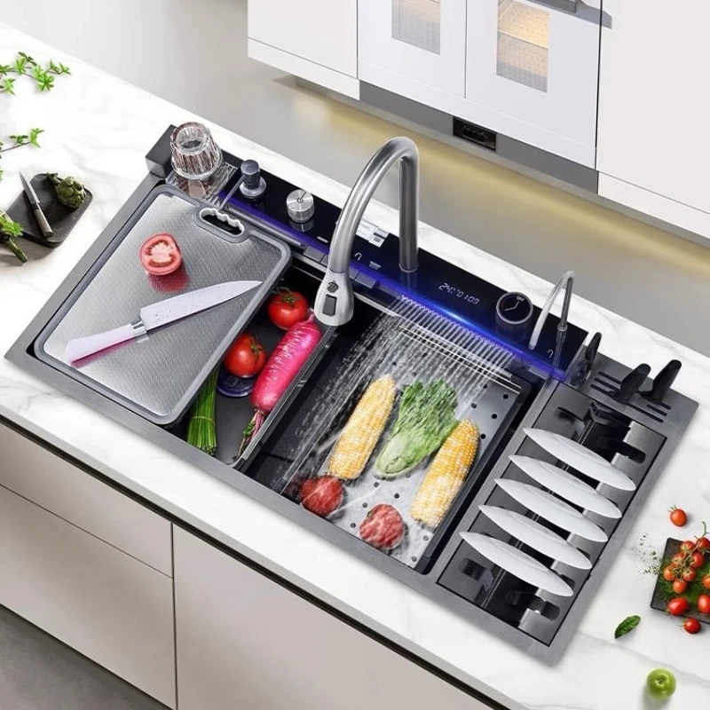

Multifunctional integrated digital display faucet large single slot, kitchen bowl rack sink