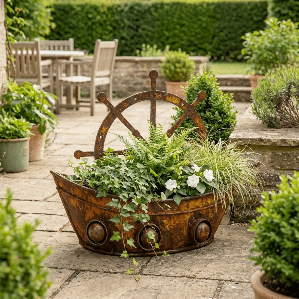 Iron Metal Boat Flower Pot Handmade Vintage Nautical Ship Wheel Wall Planter Rust-Proof Weather-Resistant Flower Holder Home