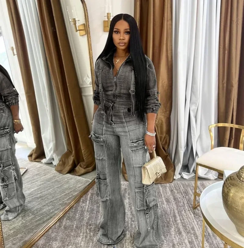 Women Fashion Denim Cargo Style 2 Piece SetStand Collar Long Sleeve Zip-up Jackets Top + Pockets Straight Pants Jeans Suits