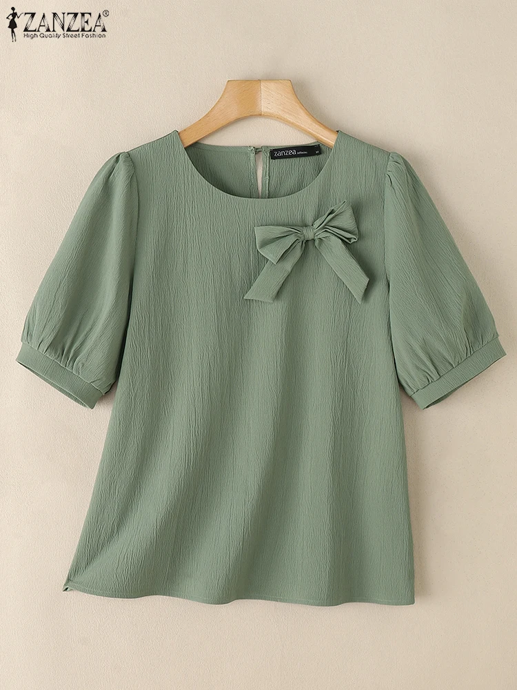 

ZANZEA Women Elegant Short Sleeve Blouses 2025 Summer Office Work Shirt Stylish Solid Holiday Blusas Casual O Neck Tunic Tops