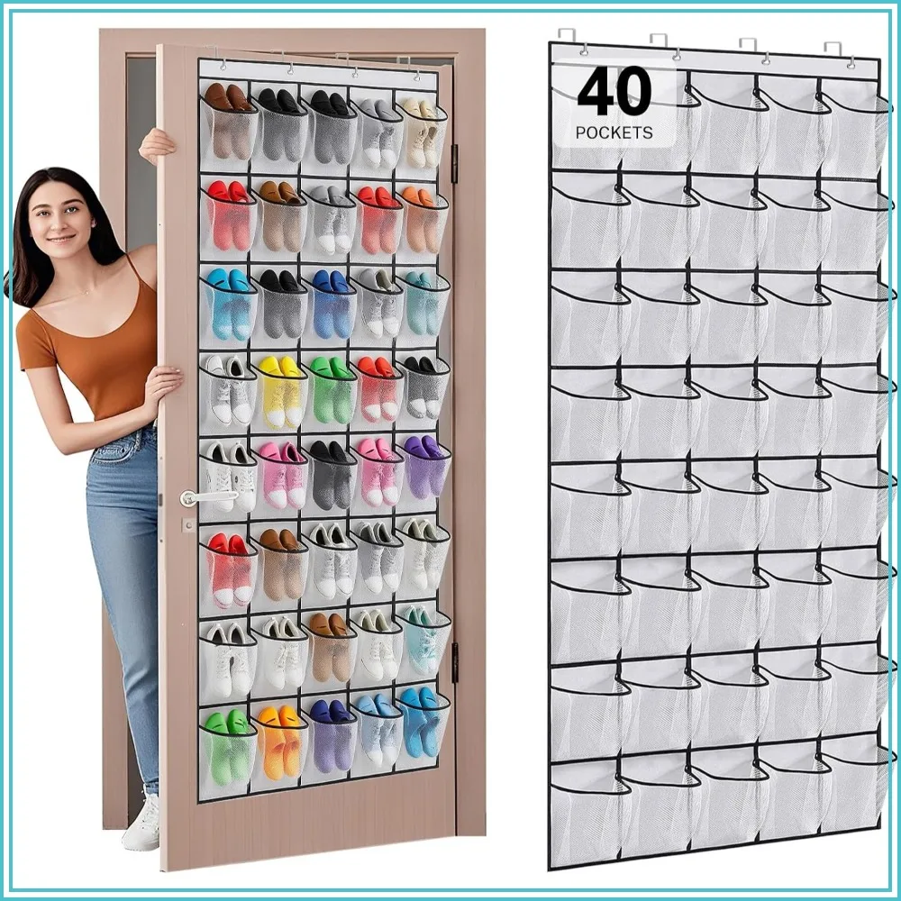 40-Pocket Over Door Shoe Organizer, Hanging Shoe Rack for Closet Door, Non-Woven Fabric, Holds 20 Pairs, White