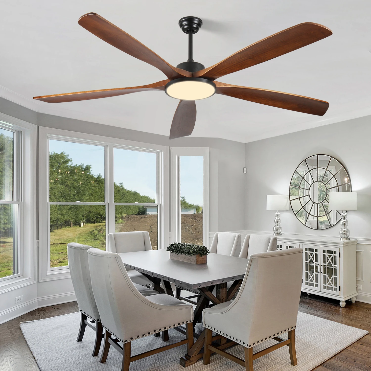 72 Inch Large Outdoor Ceiling Fan with Light & Remote, 3-Color Dimmable LED, 5 Reversible Solid Wood Blades, Ultra-Quiet DC Motor, Flush Mount Fan for Patio, Garden, Farmhouse, Living Room, Bedroom